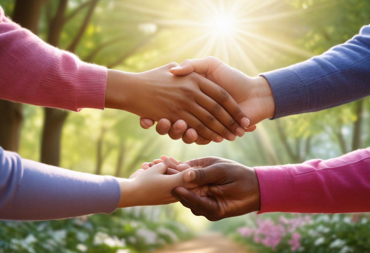 A warm and uplifting scene featuring diverse individuals engaged in therapy sessions, showcasing innovative cancer care techniques. Include symbols of community advocacy like banners and people holding hands in support. A serene outdoor background symbolizing hope and healing, with soft sunlight filtering through trees. The atmosphere should be vibrant and inviting, highlighting empowerment and unity. super-realistic. vibrant colors. inspirational.